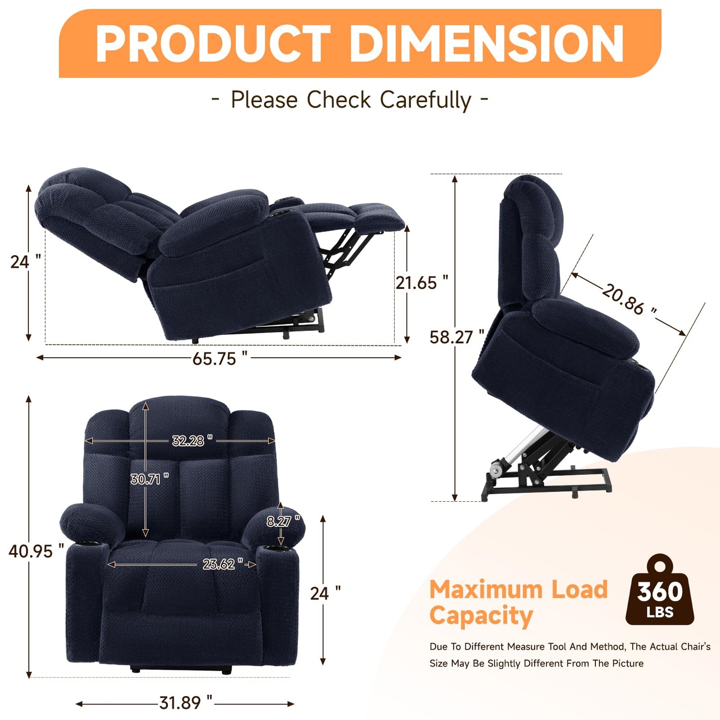 CFVYNE Power Lift Recliner Chair for Elderly with Massage and Heated, 3-Position, 2 Cup Holder, USB-A & USB-C, Soft Plush Fabric, Side Pocket Navy Blue