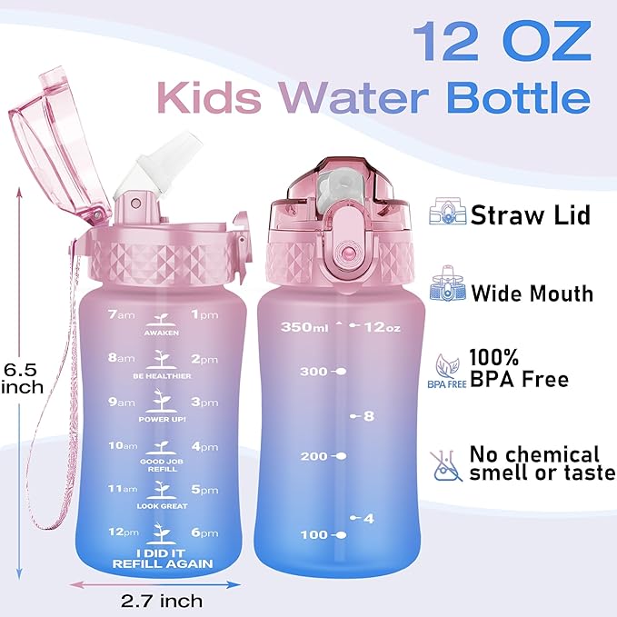 OLDLEY Kids Water Bottle for School, 12 oz (Straw Lid) BPA-Free Reusable Leak-proof Durable Tritan Plastic Water Bottles with One-handed Opening Straw Lids, Anti-dust Spout Cover (Pink-Blue)