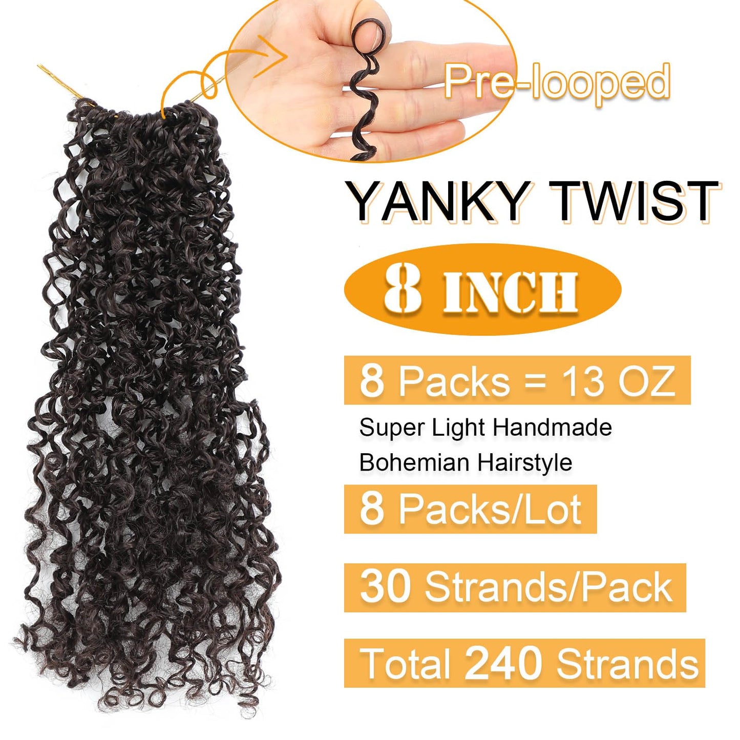 Aksice 8 Inch 8 Packs Yanky Twist Crochet Hair for Women Pre-looped Mini Twist Hair Bohemian Passion Twist Crochet Hair Boho Crochet Braids Synthetic (4#)