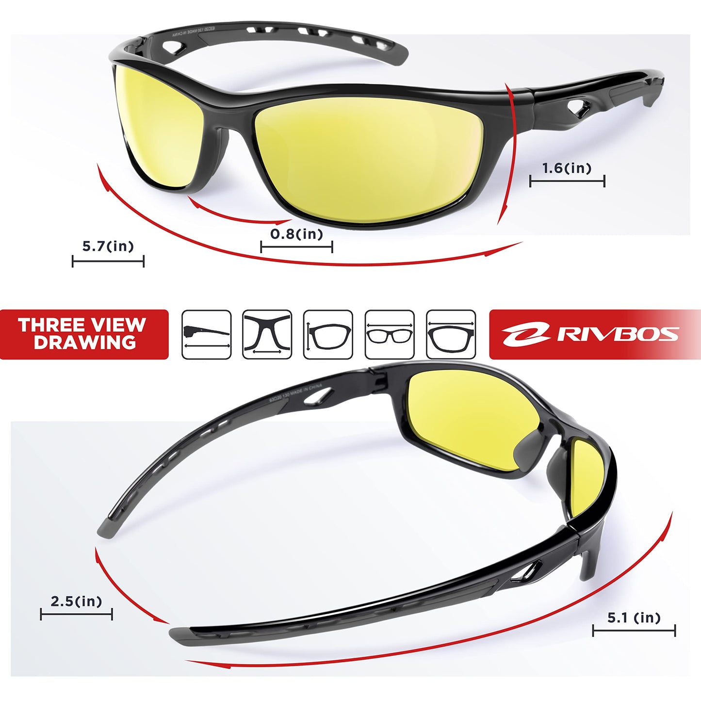 RIVBOS Mens Sunglasses Polarized UV Protection TR90 Unbreakable Frame Sports Driving Fishing Cycling RB833-black Night Version Lens