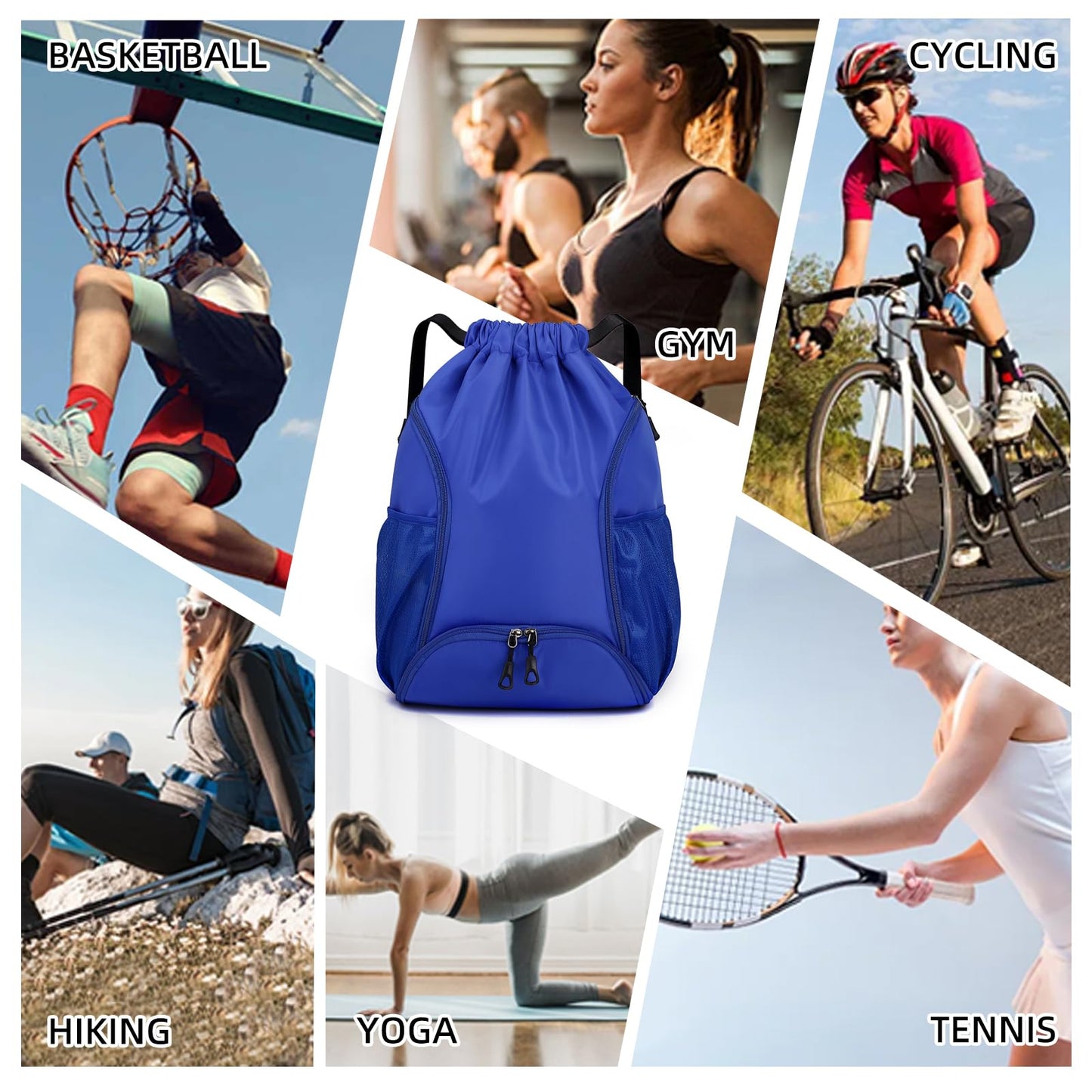 Valleycomfy Sports Gym Bag Drawstring Backpack with Shoes Basketball Bag and Two Water Bottle Holder,Drawstring Backpack for Beach, Pool and Travel,Sapphire Blue