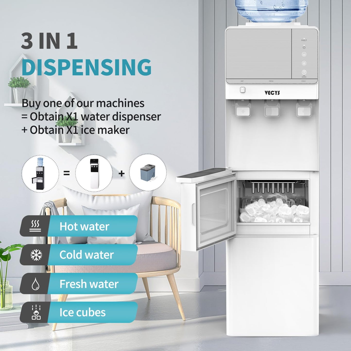 VECYS Hot and Cold Water Dispenser with Ice Maker, 27LBS Daily Ice Making, Child Safety Lock and Compatible with 3 or 5 Gallon Bottles, Ideal for Home and Office, White