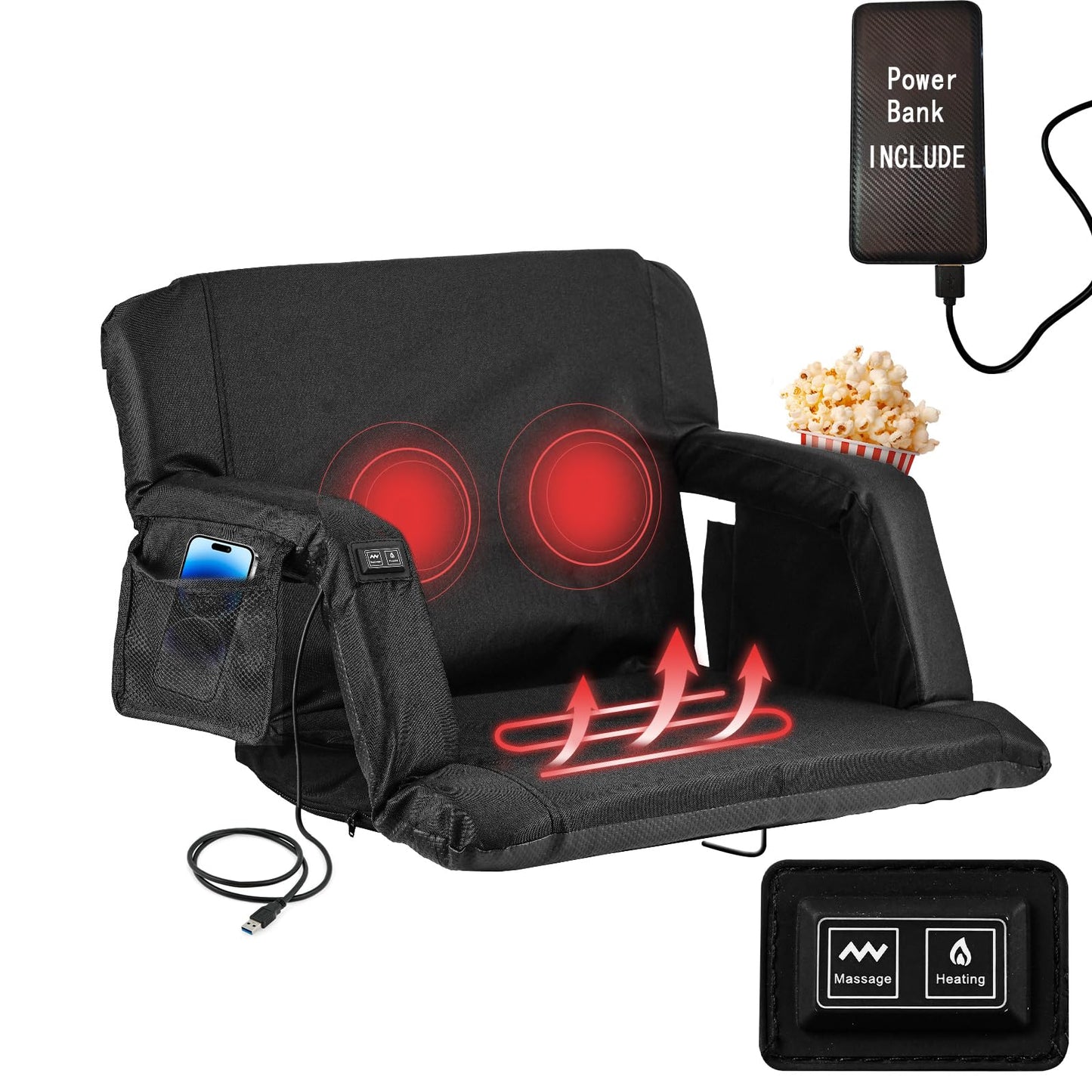 Heated Massage Stadium Seats, 25 Inch Heated Stadium Seats for Bleachers with 10000mAh Power Bank, 3 Levels of Heat & 6 Massage, 6 Reclining Positions for Indoor Stadiums, Baseball Stadiums