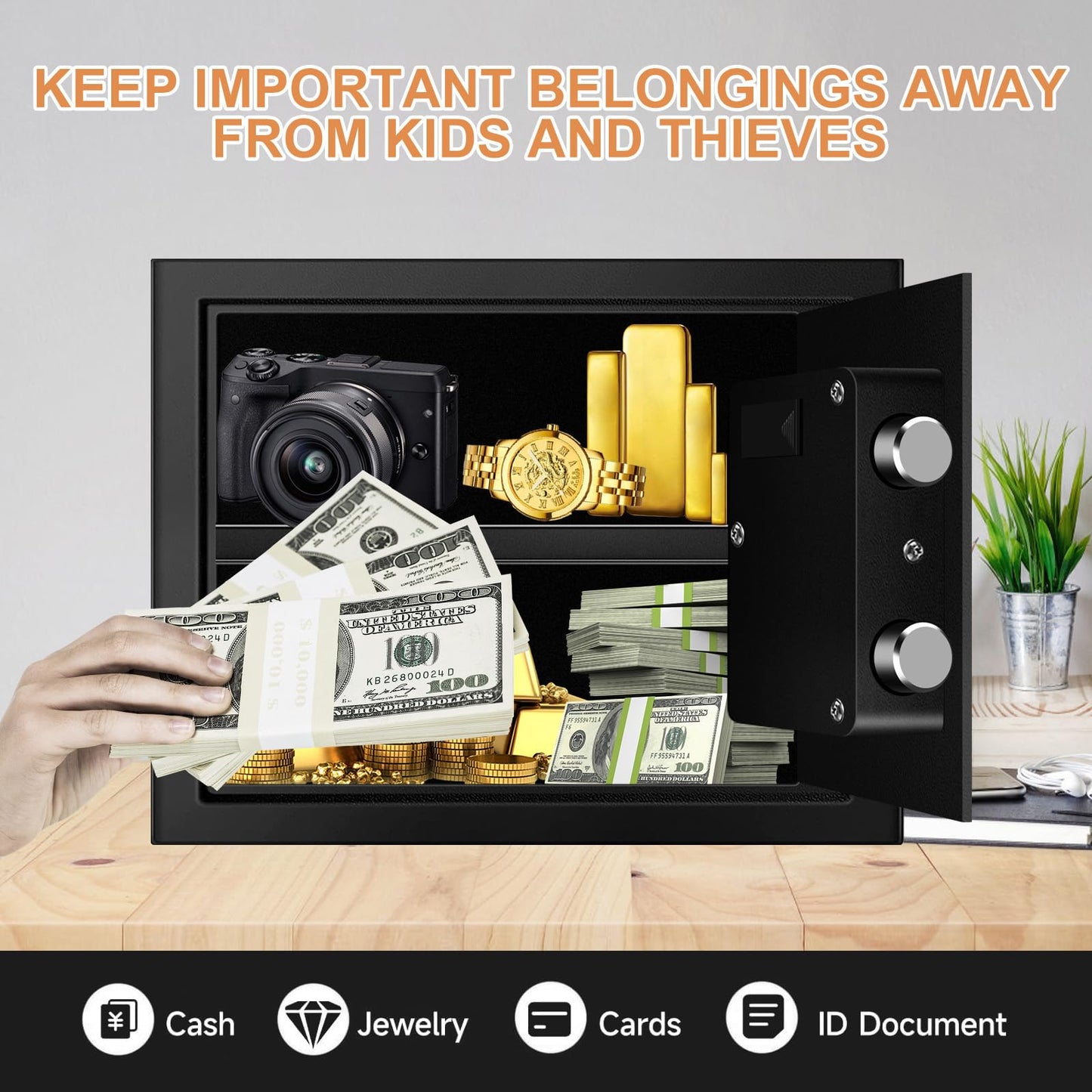 1.2 Cuft Safe Box Fireproof Waterproof for Home, Fire proof Safes with Digital Keypad, Spare Keys and Removable Shelf, Security Fire Safe for Money Firearms Medicine Valuables