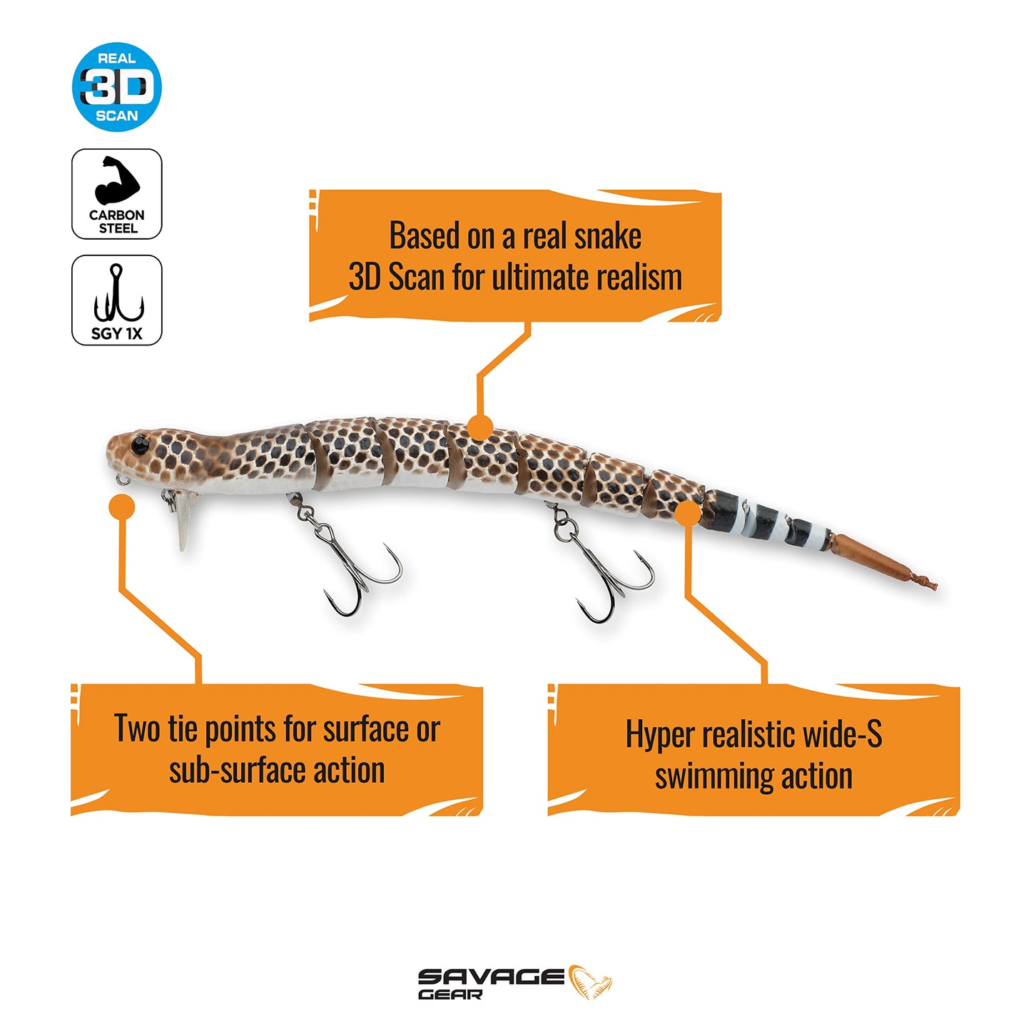 Savage Gear 3D Wake Snake Fishing Bait, 2 oz, Rattle Snake, Realistic Contours, Colors & Movement, Durable Construction, Versatile Rigging Options, Dual Treble Hook Configuration