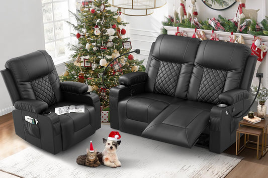 FURNIMAT Loveseat Recliner Sofa Set with 2+1 Pieces in Living Room, 2 Seater Reclining Loveseat Leather, 1 Recliner Chair with 360 Degree Swivel Single Sofa Seat