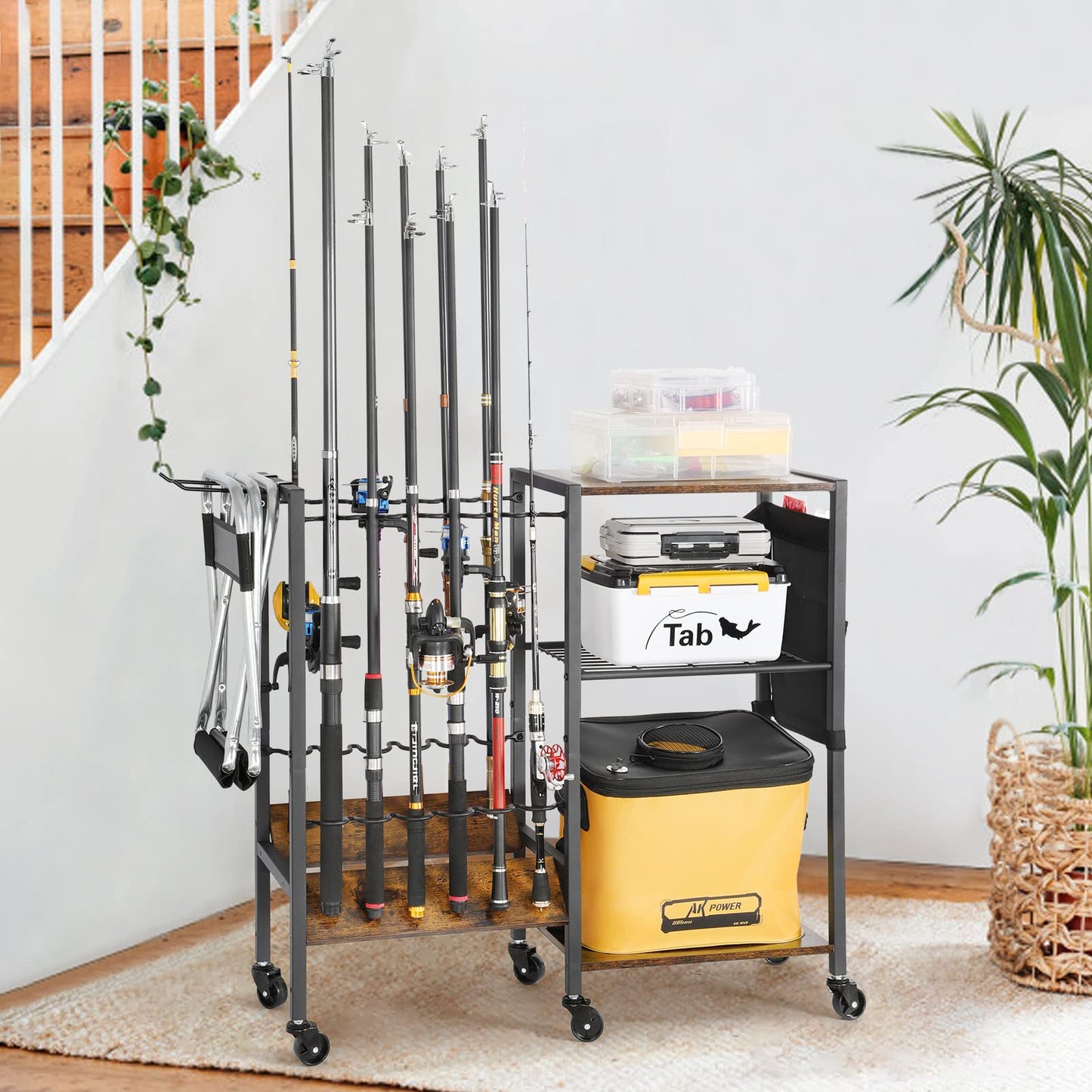 Olakee Fishing Rod Holders Fishing Gear Fishing Equipment Organizers Fishing Pole Holders Fishing Rod Tackle Cart for Garage Home Entryway Corner