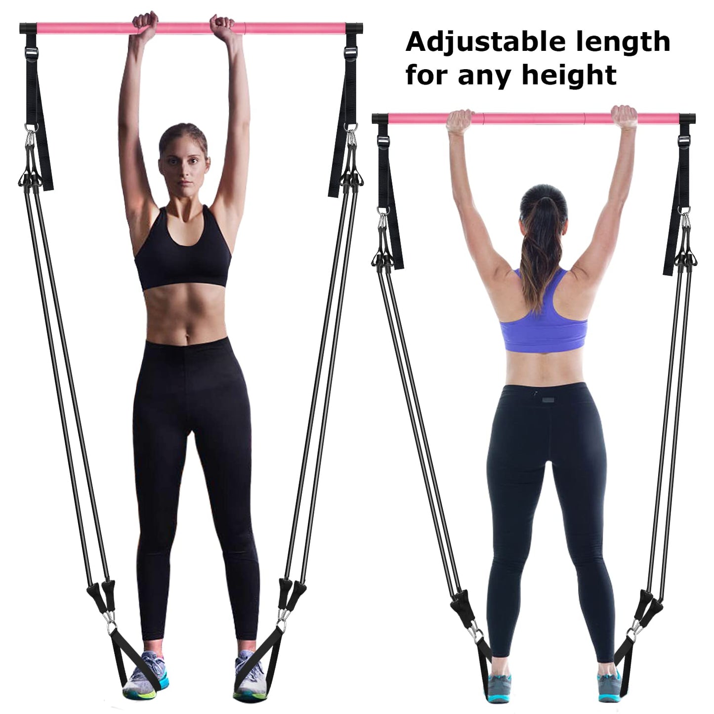 Pilates Bar Kit with Resistance Bands, Adjustable 3-Section Pilates Bar with Stackable Bands Workout Equipment for Legs,Hip,Waist and Arm Full Body Workouts Pilates (Pink(Adjustable,40/50lbs)
