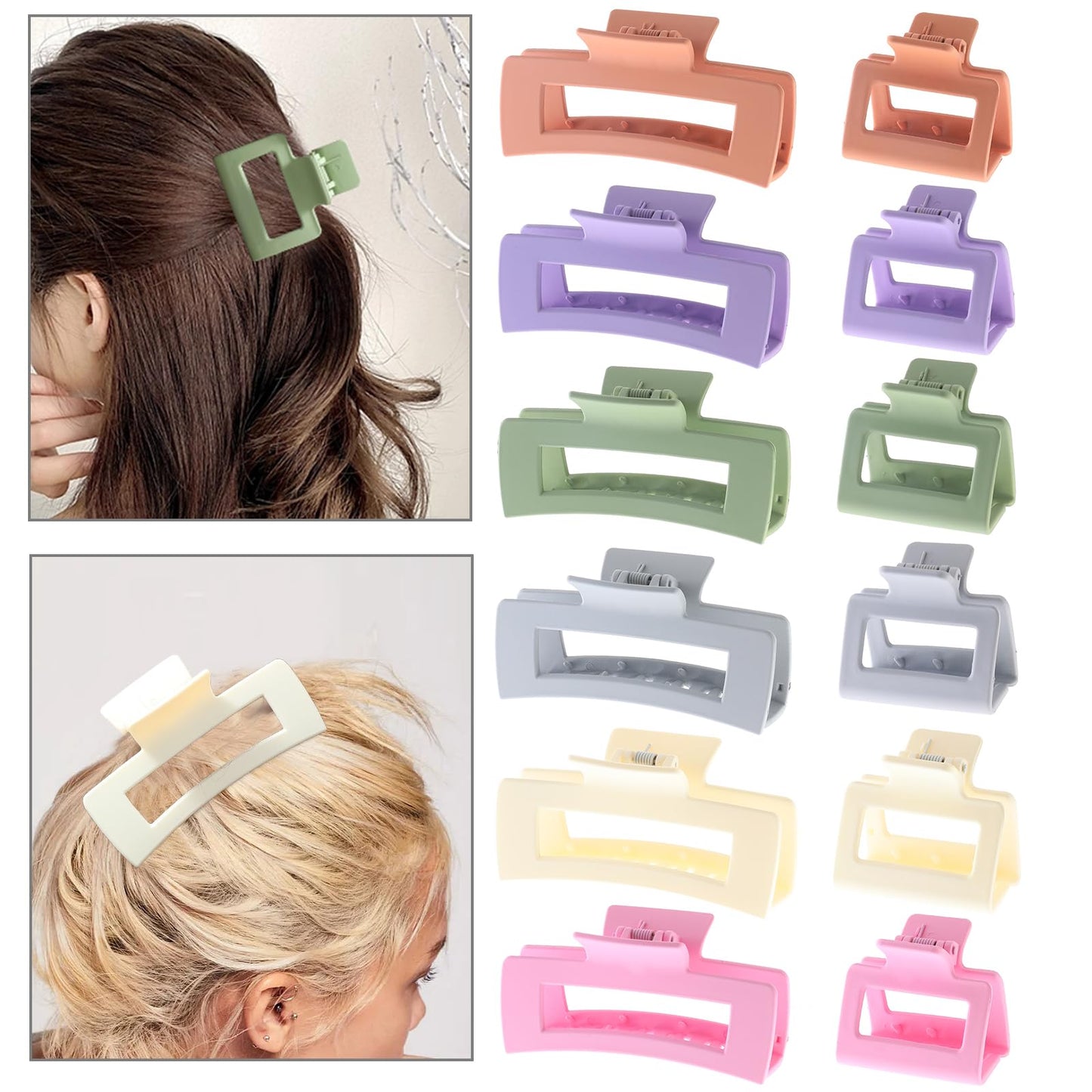 Alemaky 12 Pack Square Colorful Hair Clips, Big and Small Neutral Rectangle Claw Clips, Non-slip Matte Hair Clips for Women,Strong Hold jaw clip for Thick Thin Hair Silver Brown White Pink