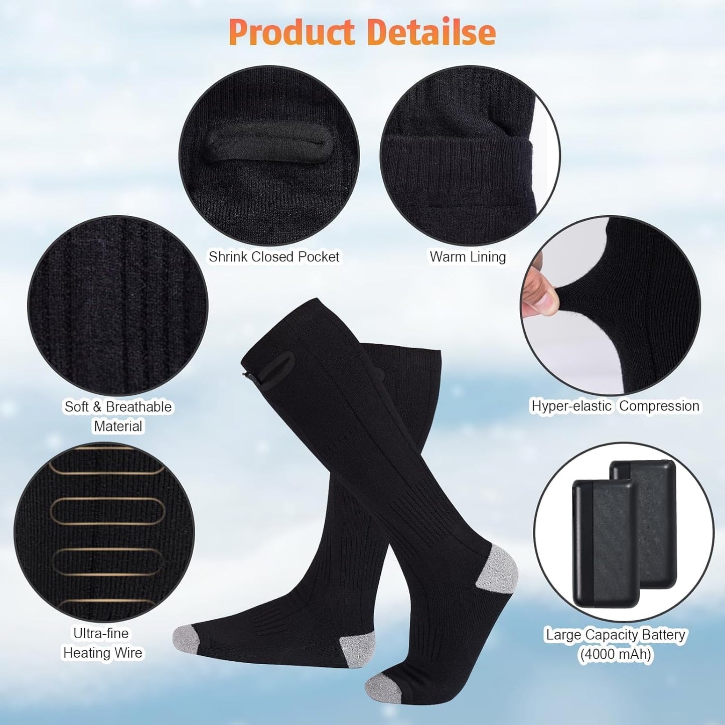 Heated Socks for Men Women with 5V 4000mAh Rechargeable Battery Powered Machine Washable Thermal Heating Socks Electric Foot Warmer Winter Outdoor Skiing Hunting Camping (Black, One Size)