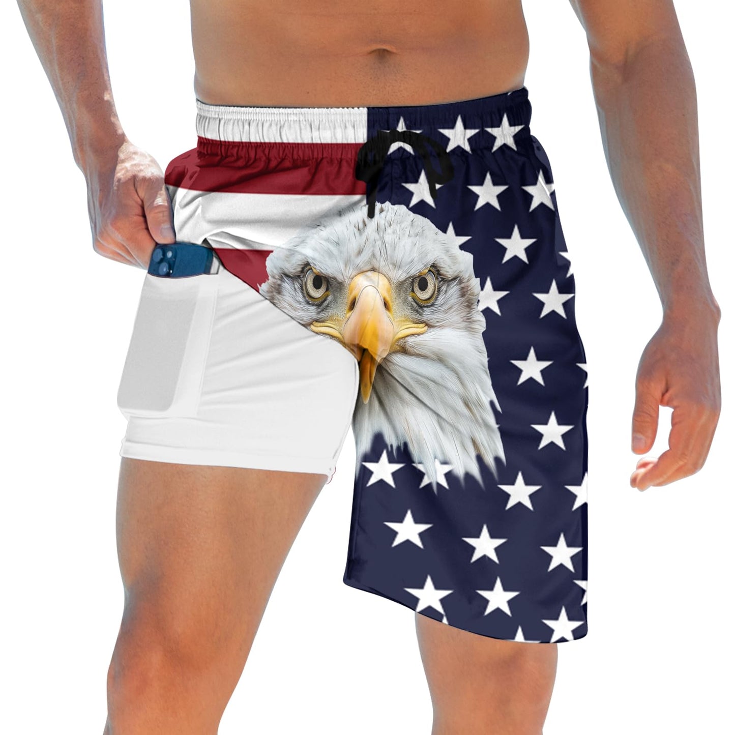 ALISISTER Men American Flag Swim Trunks Compression Liner Fourth of July Board Shorts Independence Day Boardshorts USA Swimsuits Cool Swimwear 7 Inch