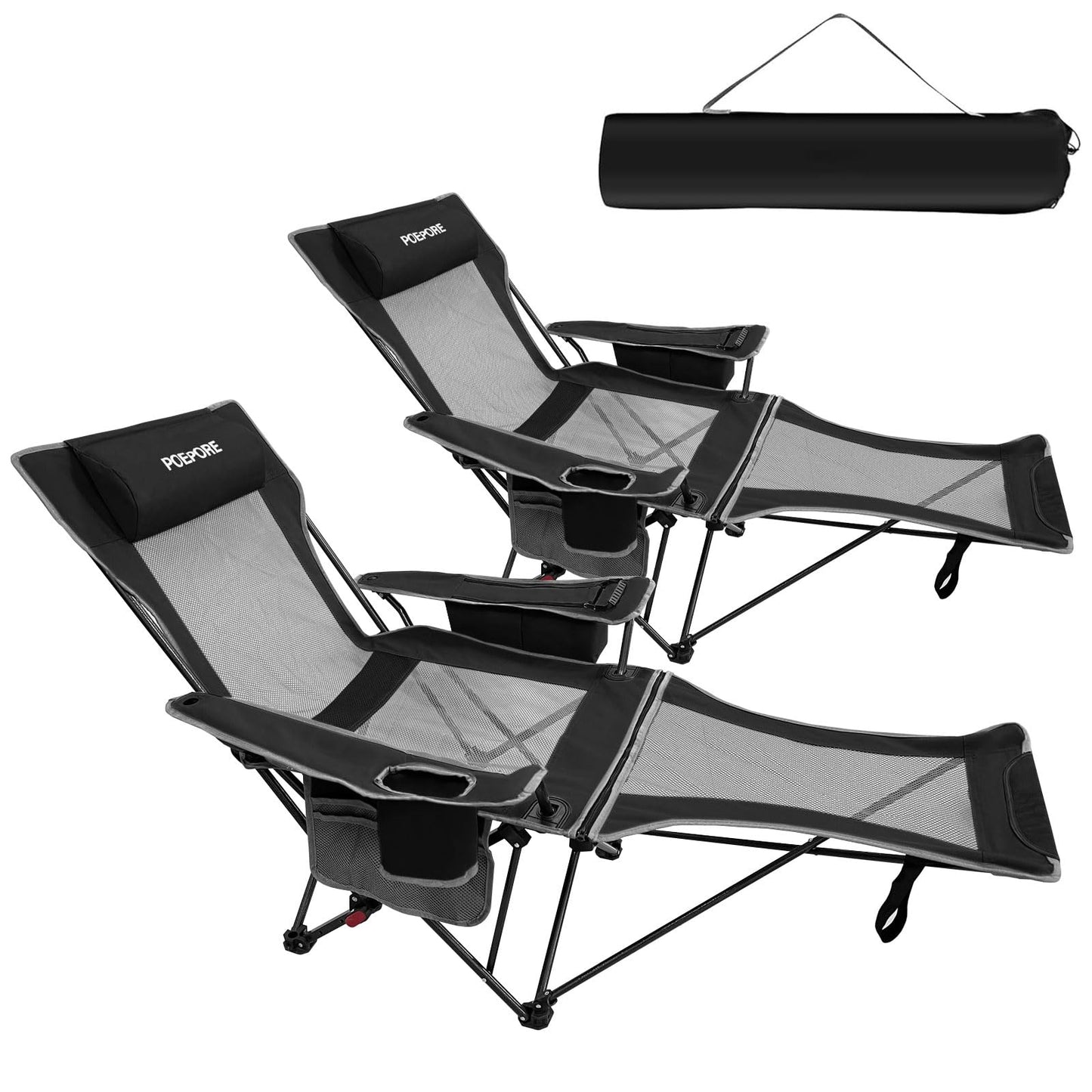 POEPORE 2-Pack Reclining Camping Chair 4 Position with Foot Rest Comfortable for Adults 265Ibs Folding Lounger Mesh Beach Chair with Cooler Bag and Cup Holder for Outdoor Patio