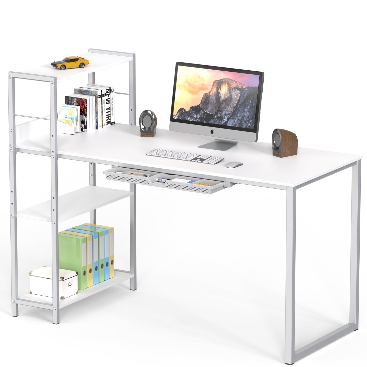 SHW 46-Inch Home Office Mission Computer Desk with Side Shelf and Drawer, White