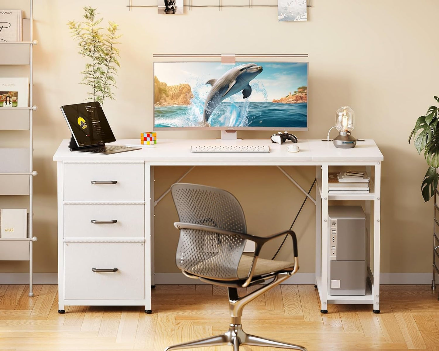 AODK 51 Inch Computer Desk with File Drawers - Reversible Home Office Desk with Storage Shelves, Work from Home, Modern Work/Writing/Study Table for Bedroom, White