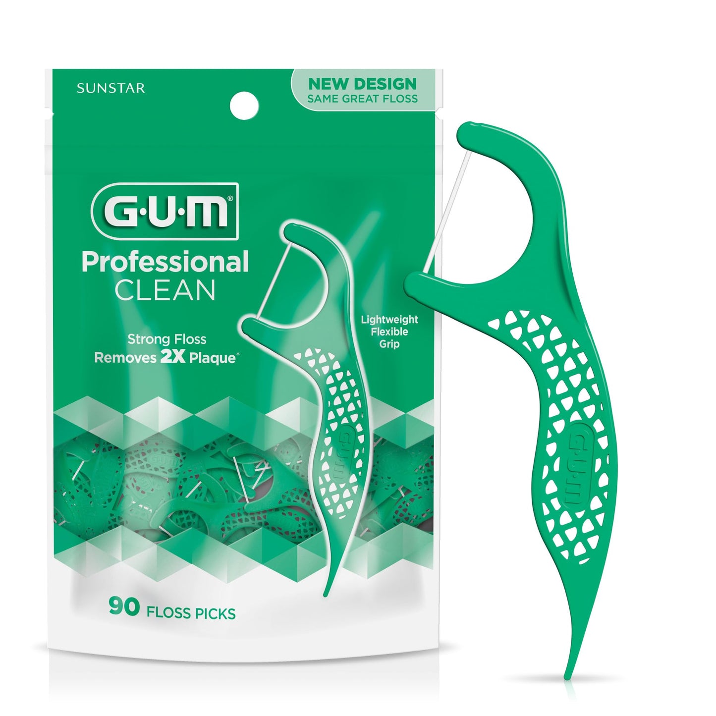 GUM Professional Clean Floss Picks - Extra Strong Shred-Resistant Floss, Easy Grip Handle - Dental Flossers for Adults - Fresh Mint Flavor, 90 Count (Pack of 3)