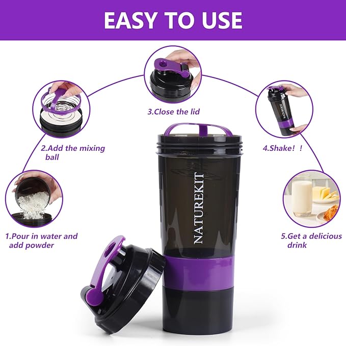 Shaker Bottle,Protein Shaker with Powder Storage Container 18oz, Leak Proof ,Gym Bottle Portable Pre Workout for Mix & Drink Shakes & Smoothies,Dishwasher Safe,Purple