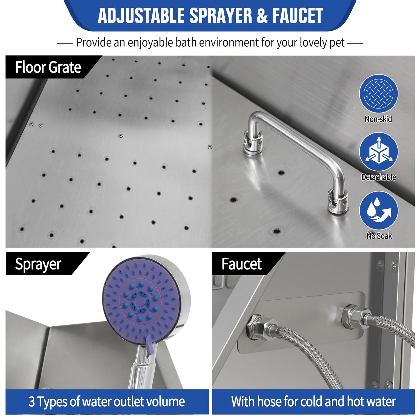 OLIPIC Stainless Steel Dog Washing Station for Large Dogs, Dog Grooming Tub for Home, Professional Dog Bathtub Bathing Station, Pet Wash Station, Dog Shower Tub with Stairs, Drain & Door,34" R-RAMP