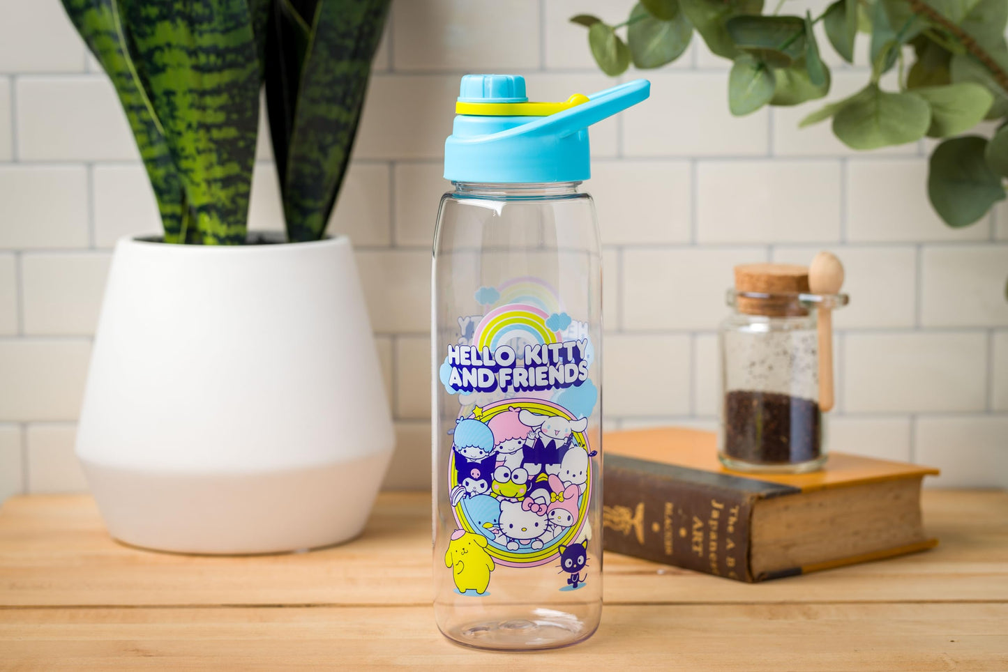 Silver Buffalo Sanrio Hello Kitty and Friends Little Twin Stars, Cinnamoroll, Kuromi, Keroppi, Badtz-Maru, Pochacco, Tuxedo Sam, My Melody, Pompompurin, Chococat Water Bottle with Screw Lid, 28 Ounces