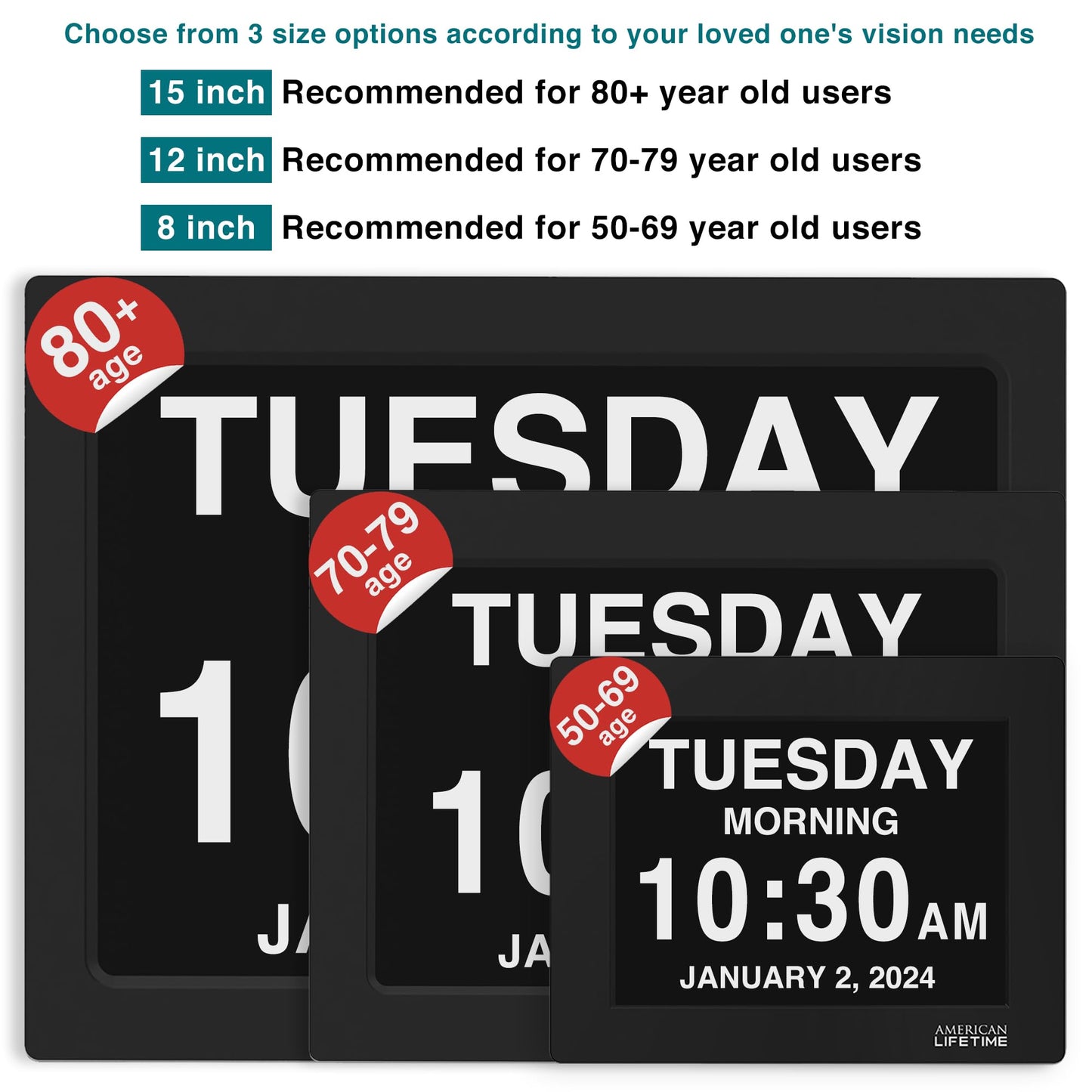American Lifetime【New 2025】 Dementia Clock Large Digital Clock for Seniors, Alzeimer Clock Large Display with Custom Alarms, Clock with Day & Date for Elderly, Number Digital Calendar Black