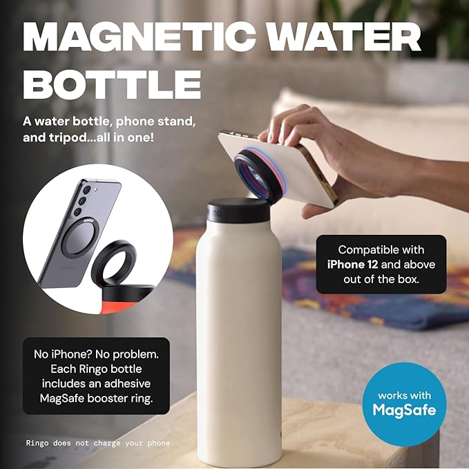 Ringo Insulated Water Bottle- Compatible MagSafe Water Bottle Phone Holder-Stainless Steel School Water Bottle Magnetic Phone Mount for Kids & Adult - Hot 12H Cold 24H 360° Rotate-Stainless Steel 24oz