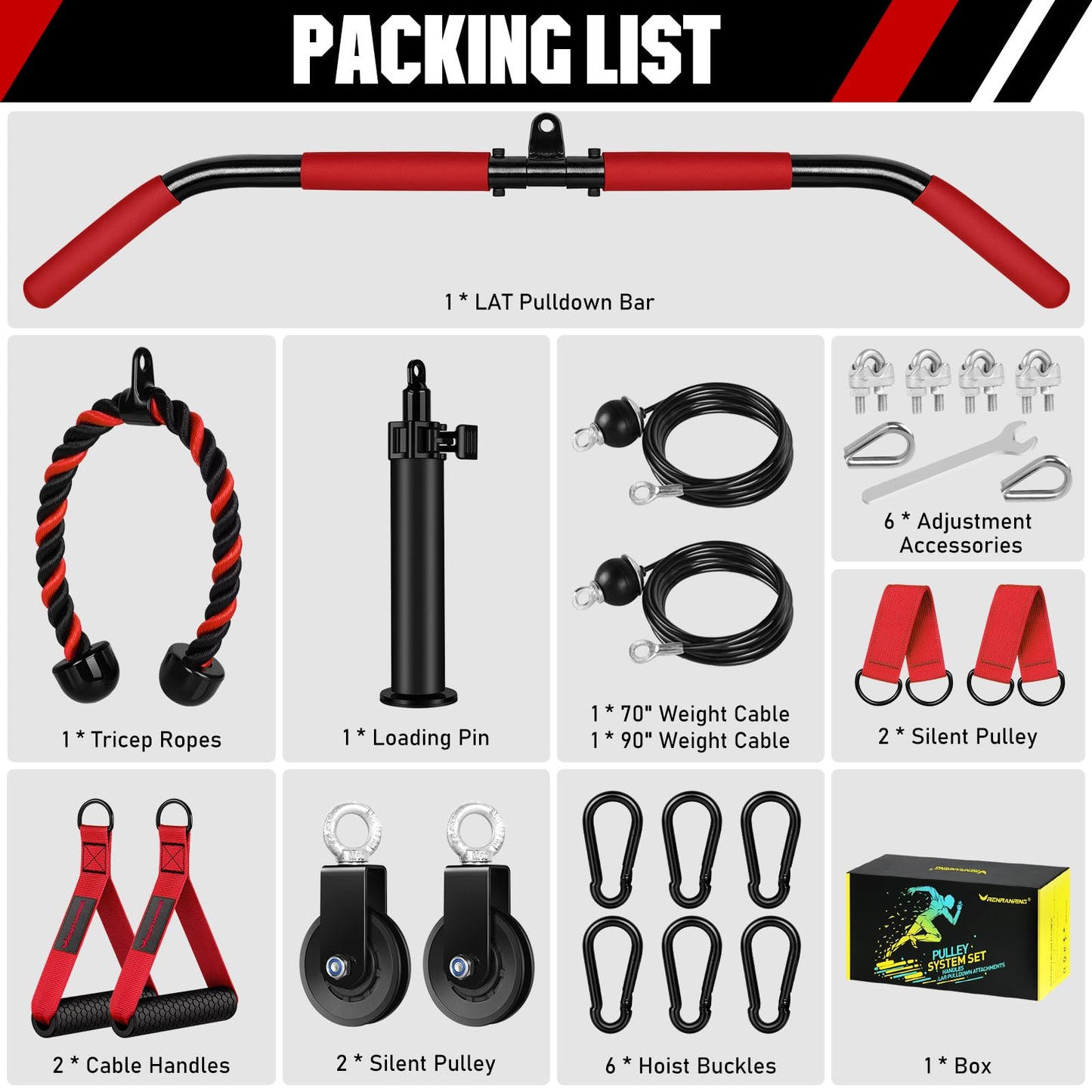 RENRANRING Weight Cable Pulley System Gym, Upgraded Cable Pulley Attachments for Gym LAT Pull Down, Biceps Curl, Tricep, Arm Workouts - Weight Pulley System Home Gym Add On Equipment