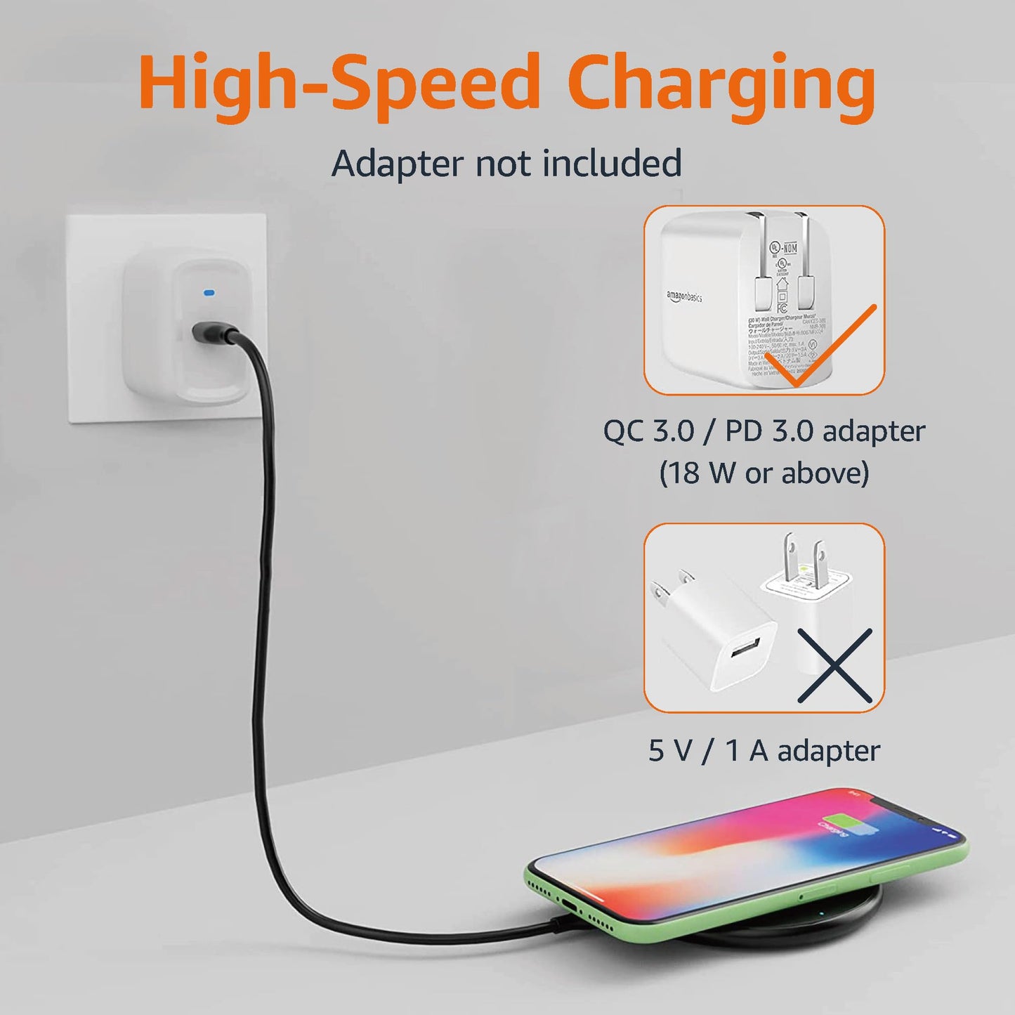 Amazon Basics 15W Qi Certified Wireless Charging Pad for iPhone 16/15/14/13/12/11/X, Samsung and More, with USB Cable, Black