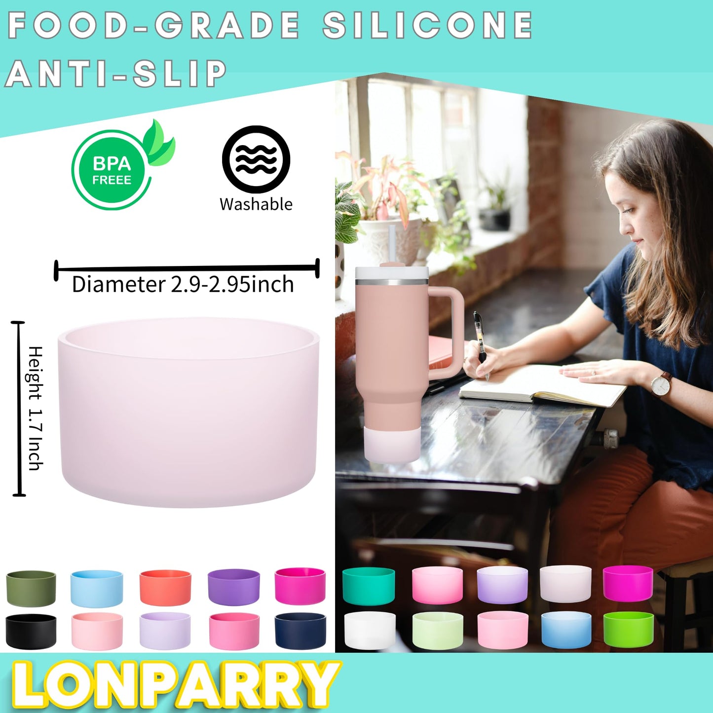 LONPARRY 4-Pack Silicone Boot for Stanley Cup Quencher IceFlow Rubber Bottom Sleeve Protector for Stanley Tumbler HydroFlask Bottle Bottom (Pink+Baby Pink+Clear Smoky Pink+Clear Peach Pink)