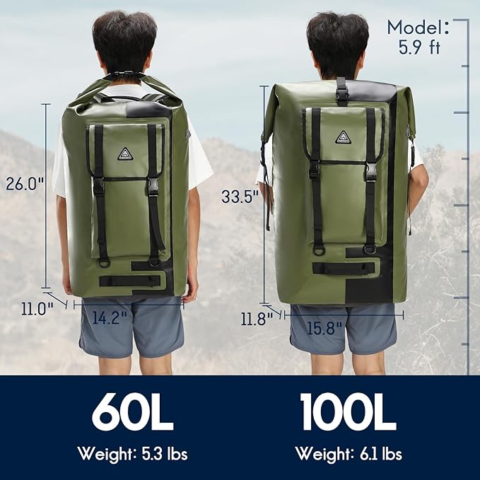 Haimont 100% Waterproof Roll-Top Backpack Heavy Duty Large Capacity IPX7 Dry Bag for Kayaking Rafting SUP Camping, 60/100L