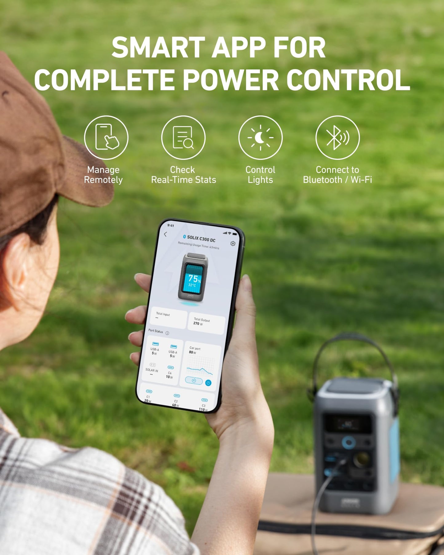 Anker SOLIX C300 DC Power Bank Station, Outdoor 288Wh (90,000mAh), Portable Power Station for Multiple Devices, LiFePO4 Battery, 300W Solar Generator, for Camping, Traveling, and Emergencies (Renewed)