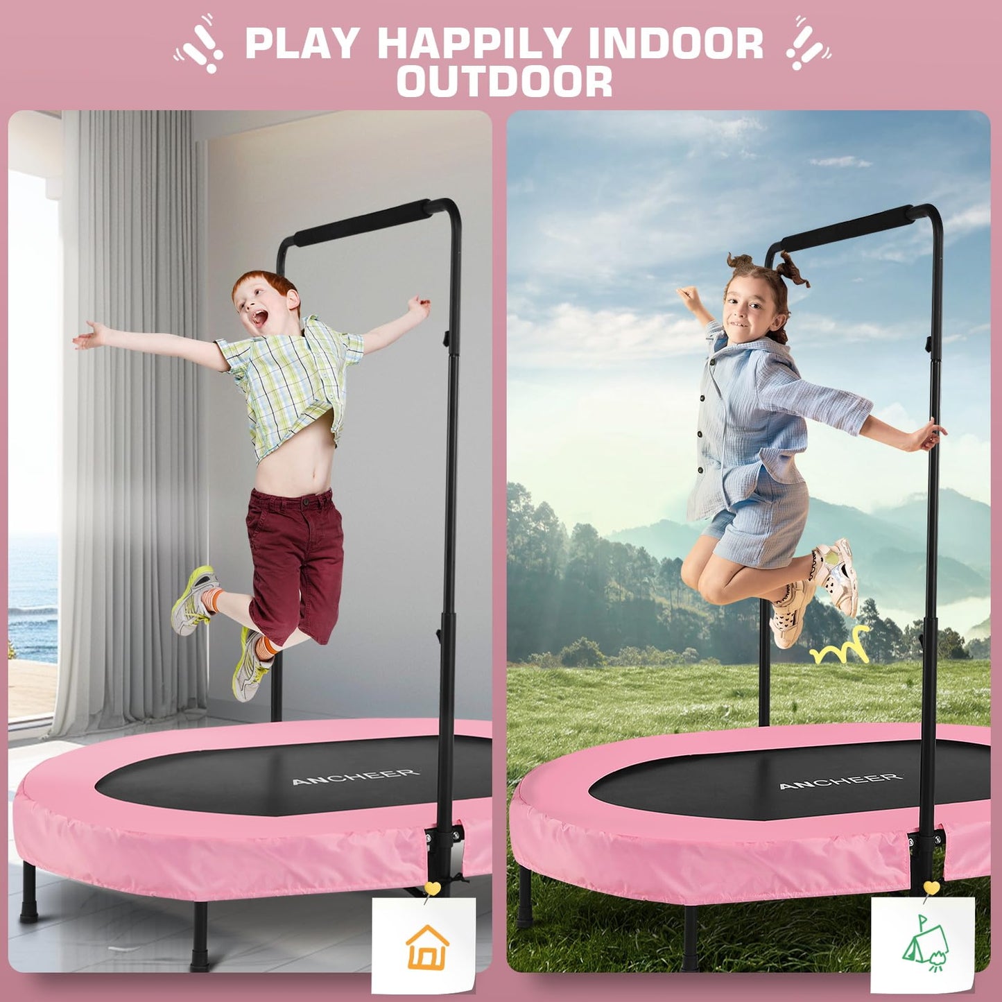 ANCHEER Foldable Trampoline, Mini Rebounder Trampoline with Adjustable Handle, Exercise Trampoline for Indoor/Garden/Workout Cardio, Parent-Child Twins Trampoline Max Load 220lbs (Training Pink)