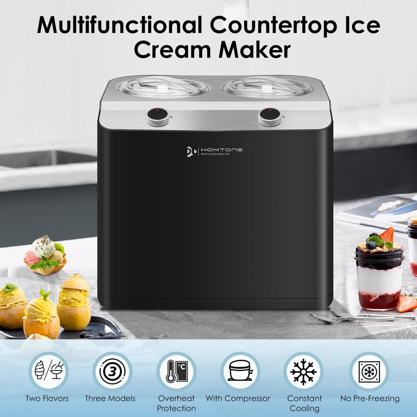 Homtone 2 Flavor Ice Cream Maker,Automatic Compressor Ice Cream Maker Machine with 2 Bowls,2.6QT (2 x 1.3qt) No Pre Freezing, Electric Gelato Maker & Sorbet Maker, 3 Modes, Keep Cool Function