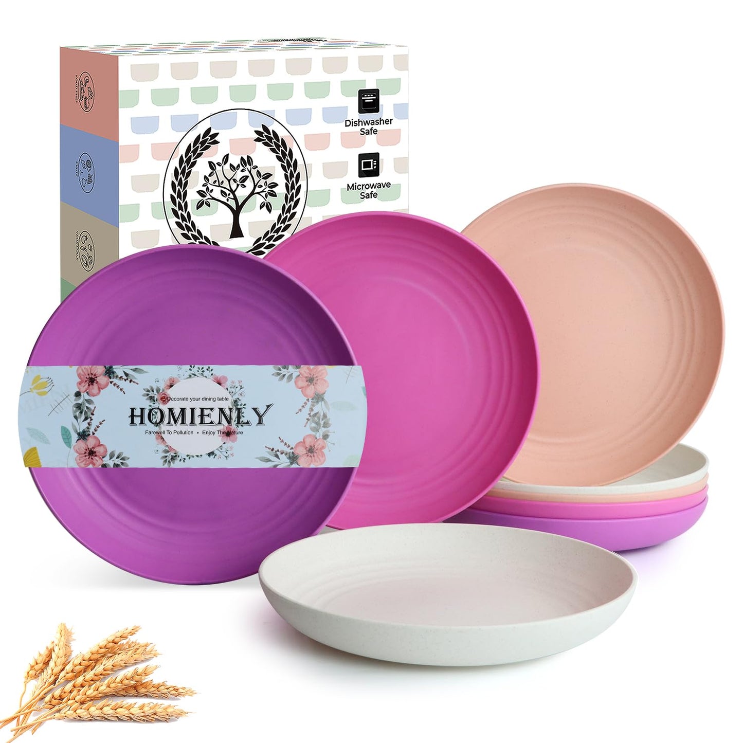 Homienly Deep Dinner Plates Set of 8 Alternative for Plastic Plates Microwave and Dishwasher Safe Wheat Straw Plates for Kitchen Unbreakable Kids Plate Set with 4 Colors (Classic Bright, 9 inch)