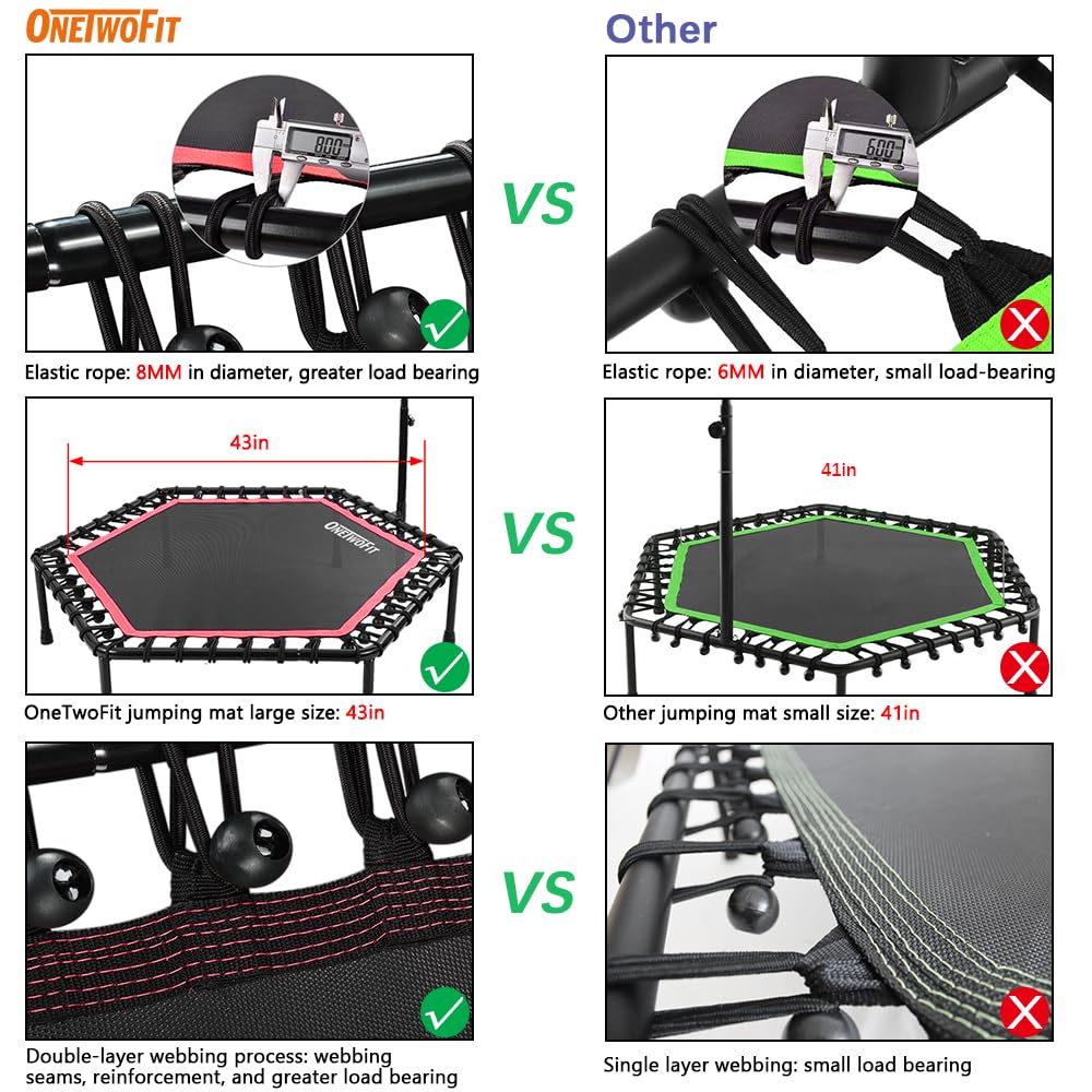 ONETWOFIT 48" Silent Mini Trampoline with Adjustable Handle Bar Fitness Trampoline Bungee Rebounder Jumping Cardio Trainer Workout for Adults Pink