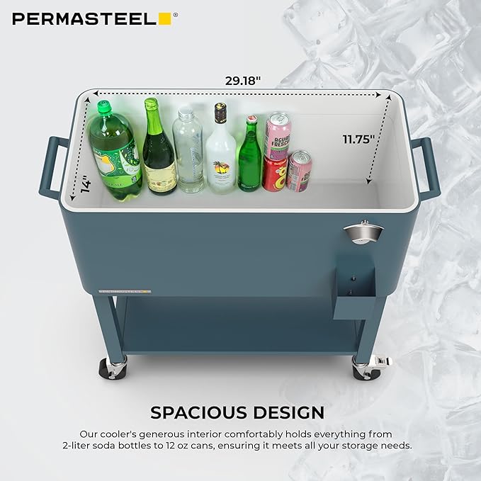 Permasteel Party Cooler with Removable Basin, Spacious 80-Qt Capacity, Rolling Ice Chest for Indoor and Outdoor Entertainment Teal + Bonus Cover
