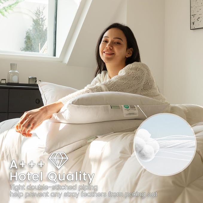 Alanzimo Goose Feather Down Pillows King Size Set of 2, Luxury Soft Feather Down Pillow for Sleeping, 600TC 100% Cotton Cover Hotel Collection Bed Pillows for Back, Stomach or Side Sleepers
