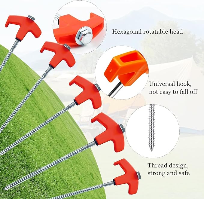 4PCS 8" Screw in Tent Stakes, Tent Stakes Heavy Duty, Ground Anchors Screw in with 1 Hex Head Driver, Metal Threaded Tent Spikes, Tent Pegs Camping Stakes for Outdoor Camping Garden Inflatable