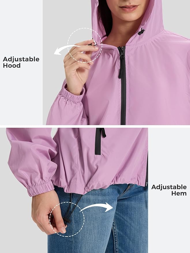 SaphiRose Lightweight Rain Jacket Women Waterproof Breathable Raincoat Packable Hooded Windbreaker