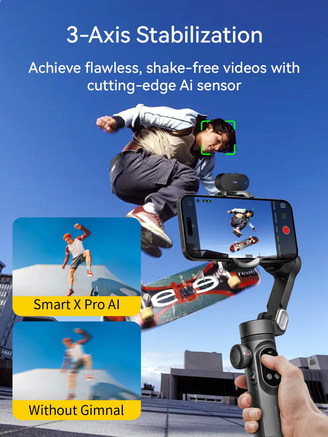 AOCHUAN 3-Axis Gimbal Stabilizer for Smartphone Smart AI XPro Black & T20 Complete Tripod & P03 RGB Magnetic Fill Light
