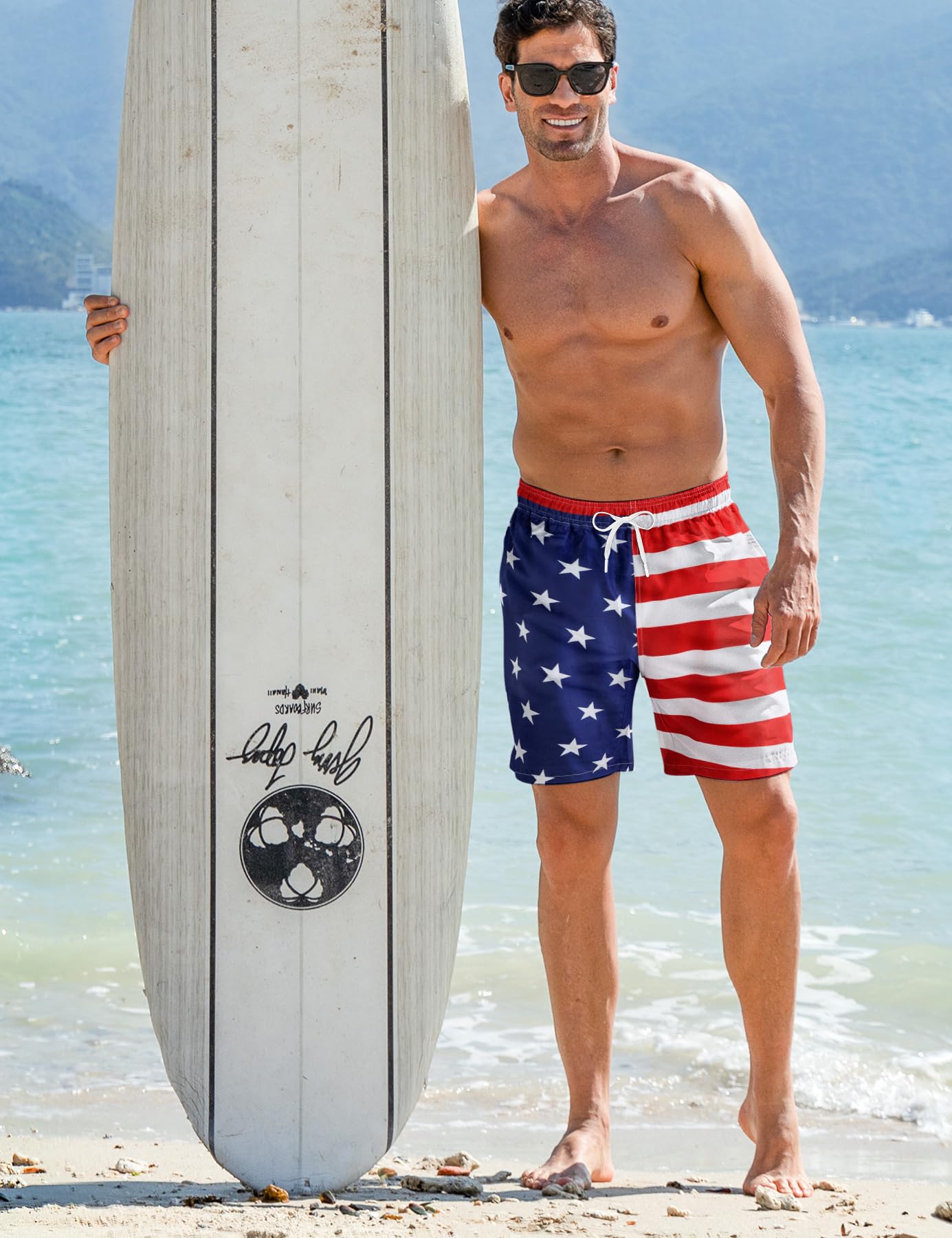 ALISISTER Men American Flag Swim Trunks Compression Liner 4th of July Board Shorts USA Independence Day Boardshorts Swimsuits Swimwear 7 Inch