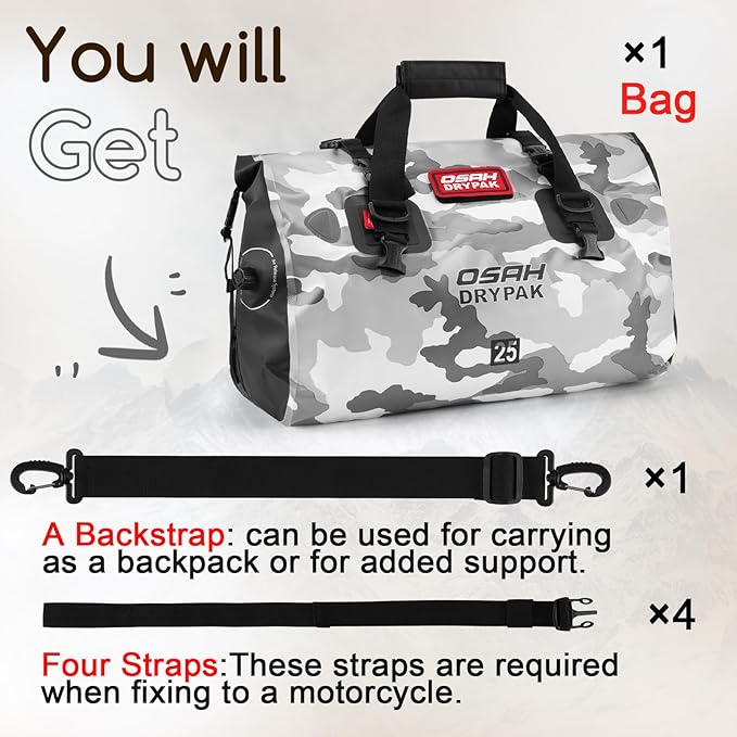 Waterproof Duffel Bag - Motorcycle Dry Bag Tail Bag with Large Storage Space, Waterproof Luggage Duffle Bags with Outer Mesh Zipper Pocket for Camping, Kayaking, Fishing & Traveling