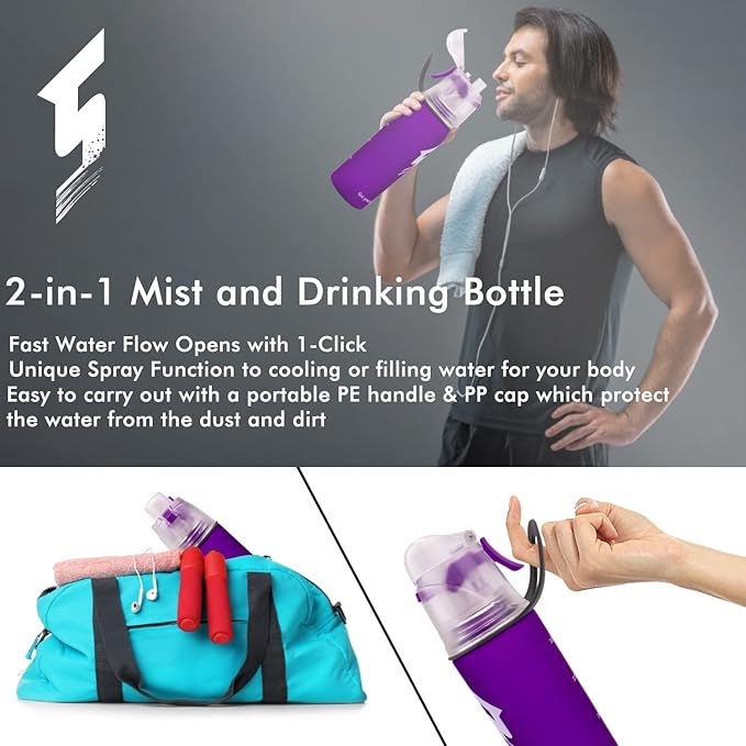 Linowos Drinking and Misting Sports Water Bottle, Non-Toxic BPA Free, Fast Water Flow Opens with 1-Click, Portable Leak-Proof Spray Cup for Cycling Fitness Camping Hiking Outdoor