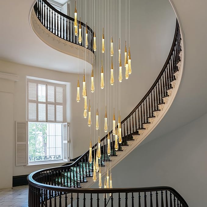 LMQNINE 36 Light Modern Crystal Chandelier Dimmable LED High Ceiling Chandelier Crystal Bubble Gold Pendant Lights Living Room Lobby 180W Staircase Chandeliers
