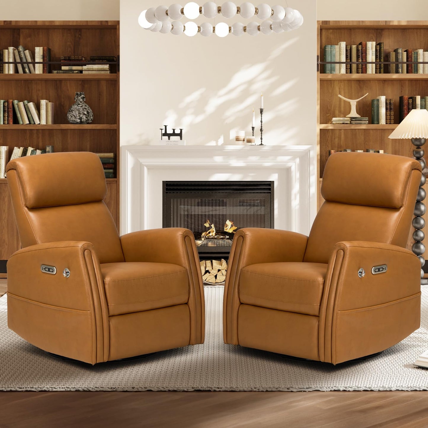 COLAMY Electric Power Swivel Recliner Chair, PU Leather Rocking Chair, 270° Swivel 145° Recliner Chair with Built-in Charging Ports for Living Room, Home, CognacBrown