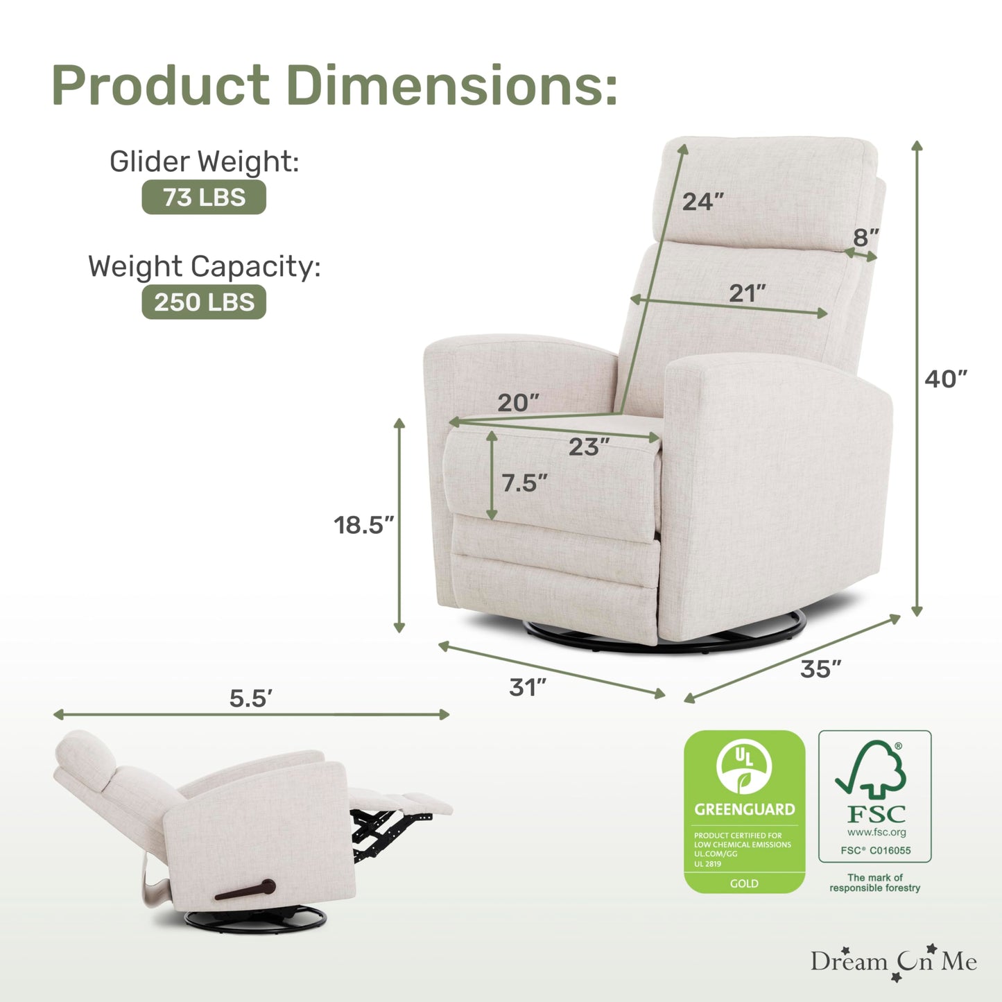Dream On Me Chatham Basic Nursery Rocking Glider in Ecru, 360° Swivel Motion, FSC Certified, Greenguard Gold & JPMA Certified Nursery Glider, Three Rocking Modes Nursery Glider Recliner