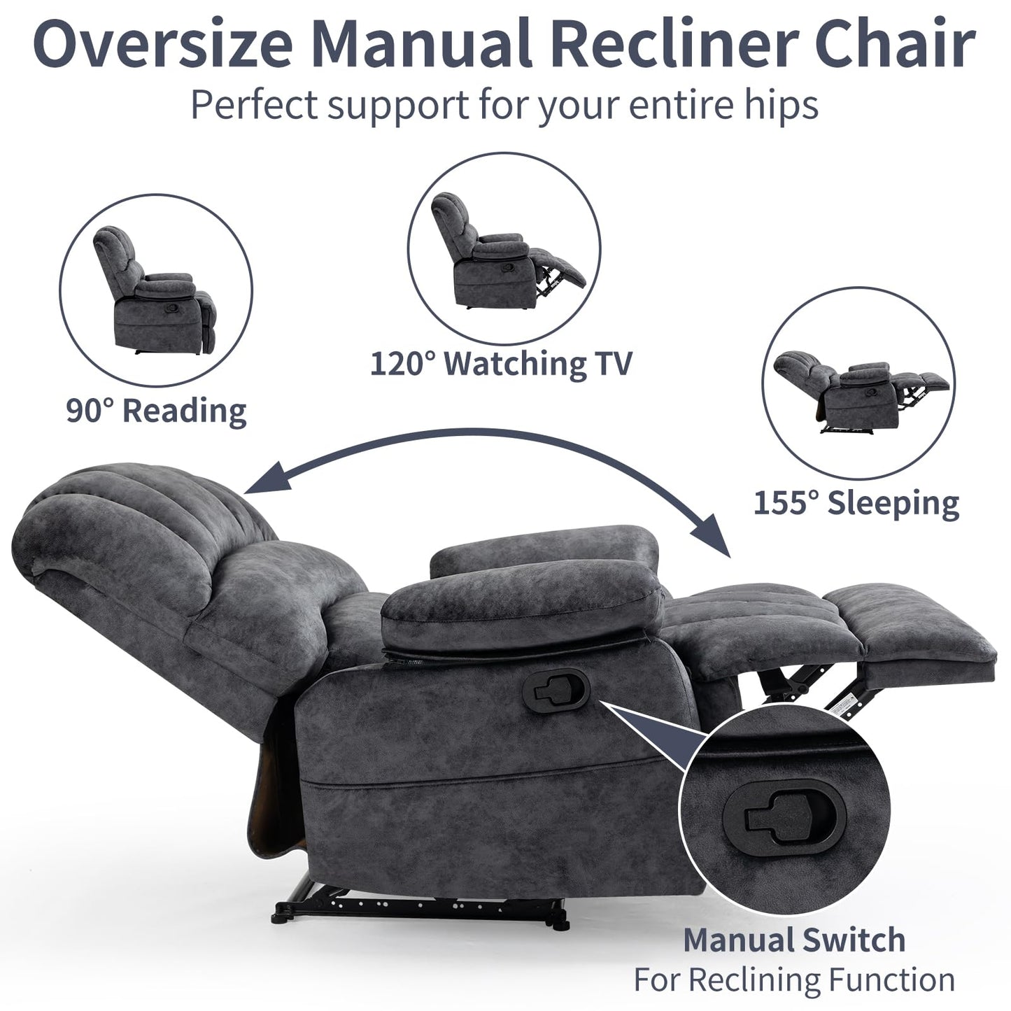 EZZUP Large Recliner, 23" Wide Seat, A Recliner with Three Position, Recliner Chair Oversized with Two Side Pockets, Dark Gray