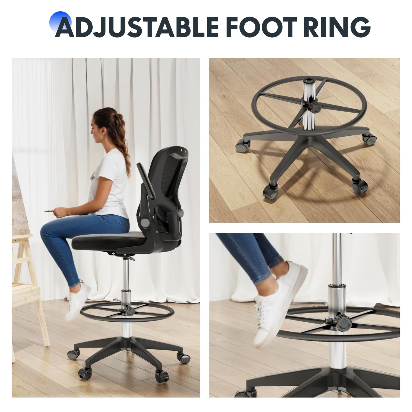 FLEXISPOT Upgraded Drafting Chair Tall Office Chair with 2D Lumbar,3D Flip-up Armrest,Standing Desk Chair with Breathable Mesh Adjustable Foot Ring Stool BIFMA Certified for Home Office,Drawing,Black