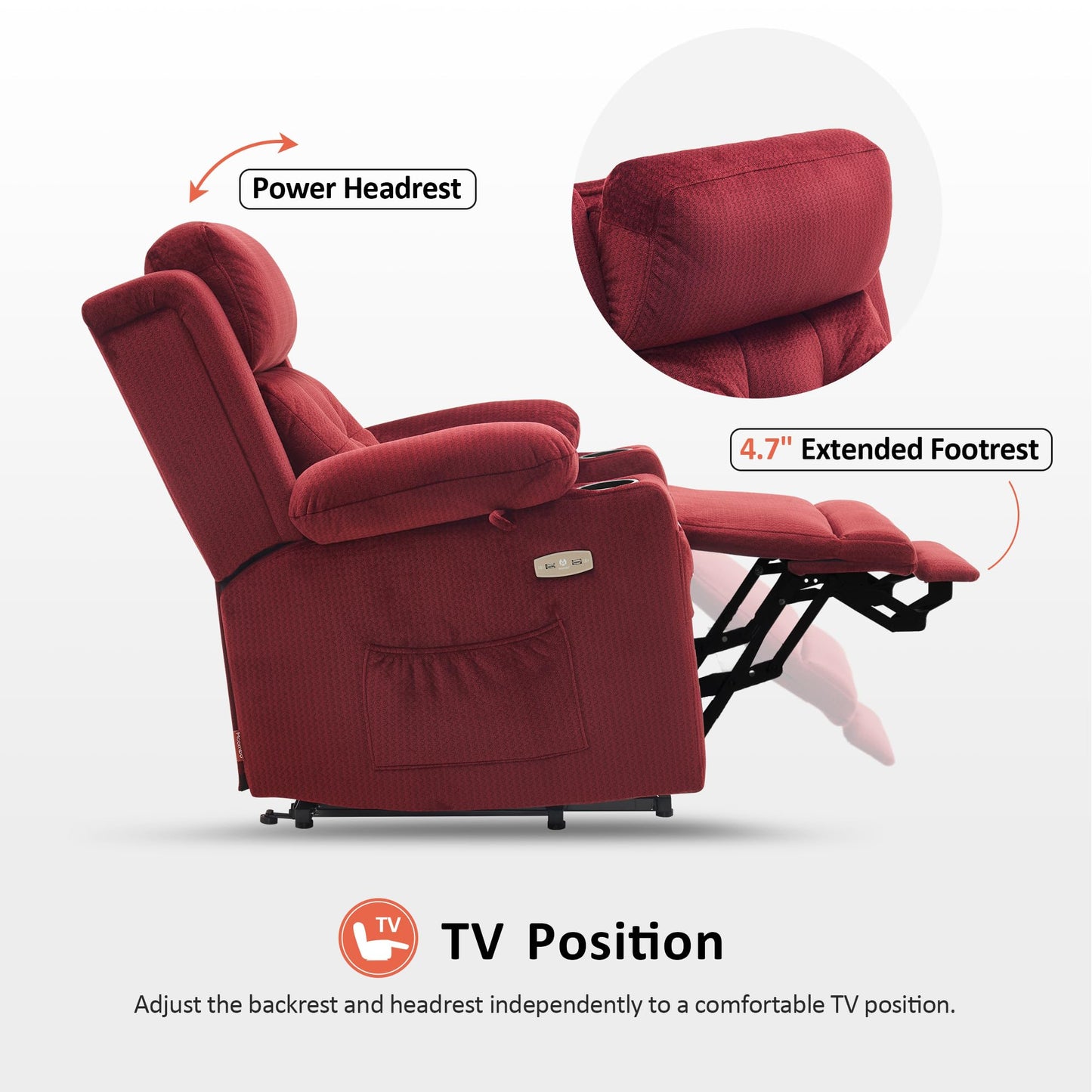MCombo Small Triple Motor Power Lift Recliner Chair with Massage and Heat for Petite Elderly People, Adjustable Headrest, Infinite Position, USB Ports, Fabric 7664 (Burgundy, Small)
