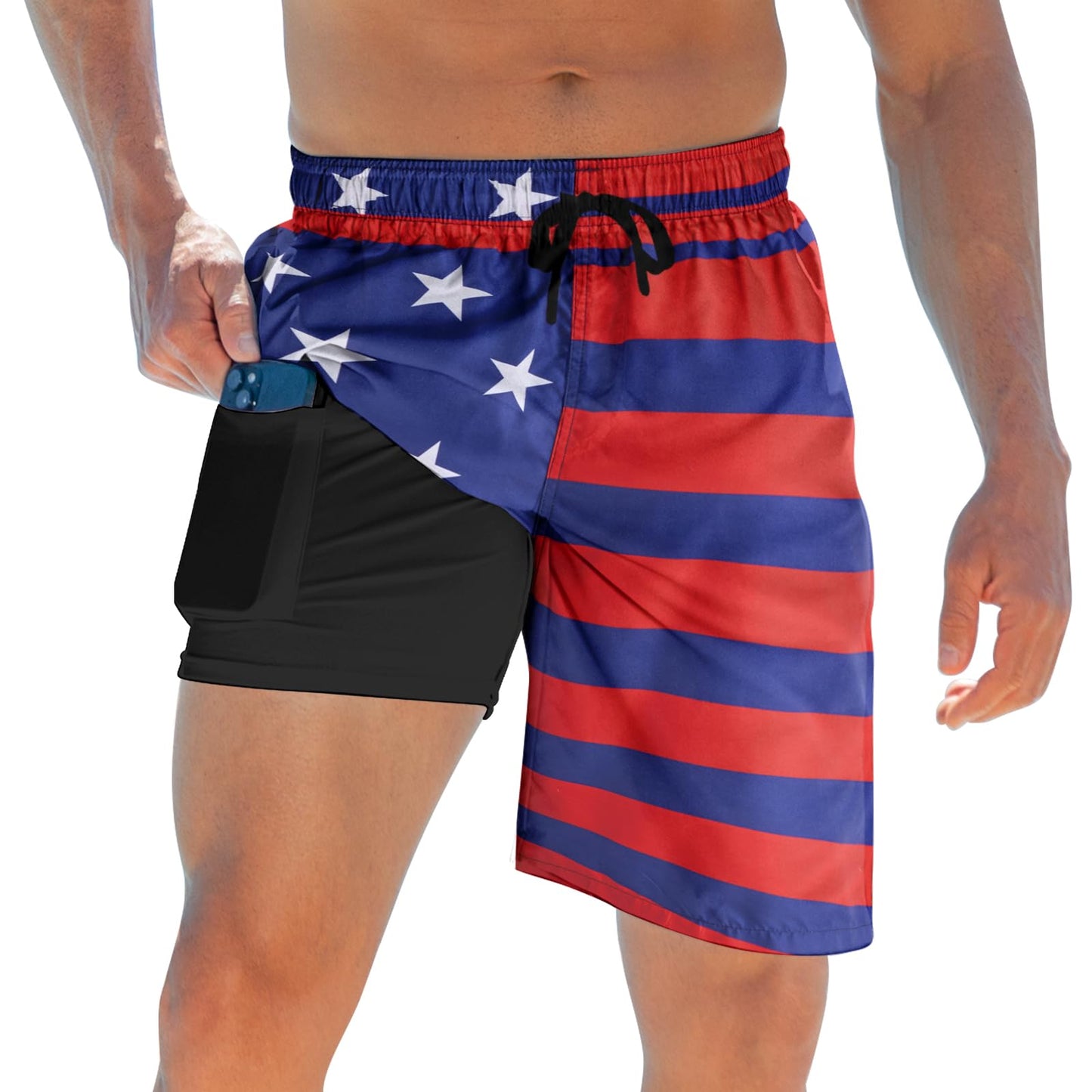 ALISISTER Men Fourth of July Swim Trunks Compression Liner American Board Shorts USA Flag Independence Day Boardshorts Swimsuits Swimwear 7 Inch