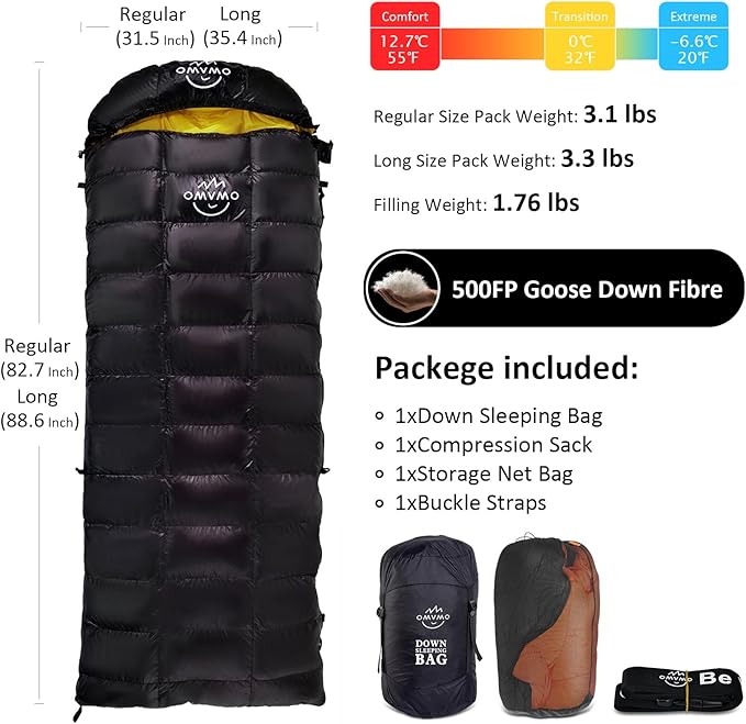 0 20 Degrees F Down Sleeping Bag for Adults,4 Season Cold Weather Rectangle Wearable Down Sleeping Bag for Camping Hiking,Can be Used as Blanket Quilt or Cloak,with Mesh Sack Buckle Strap