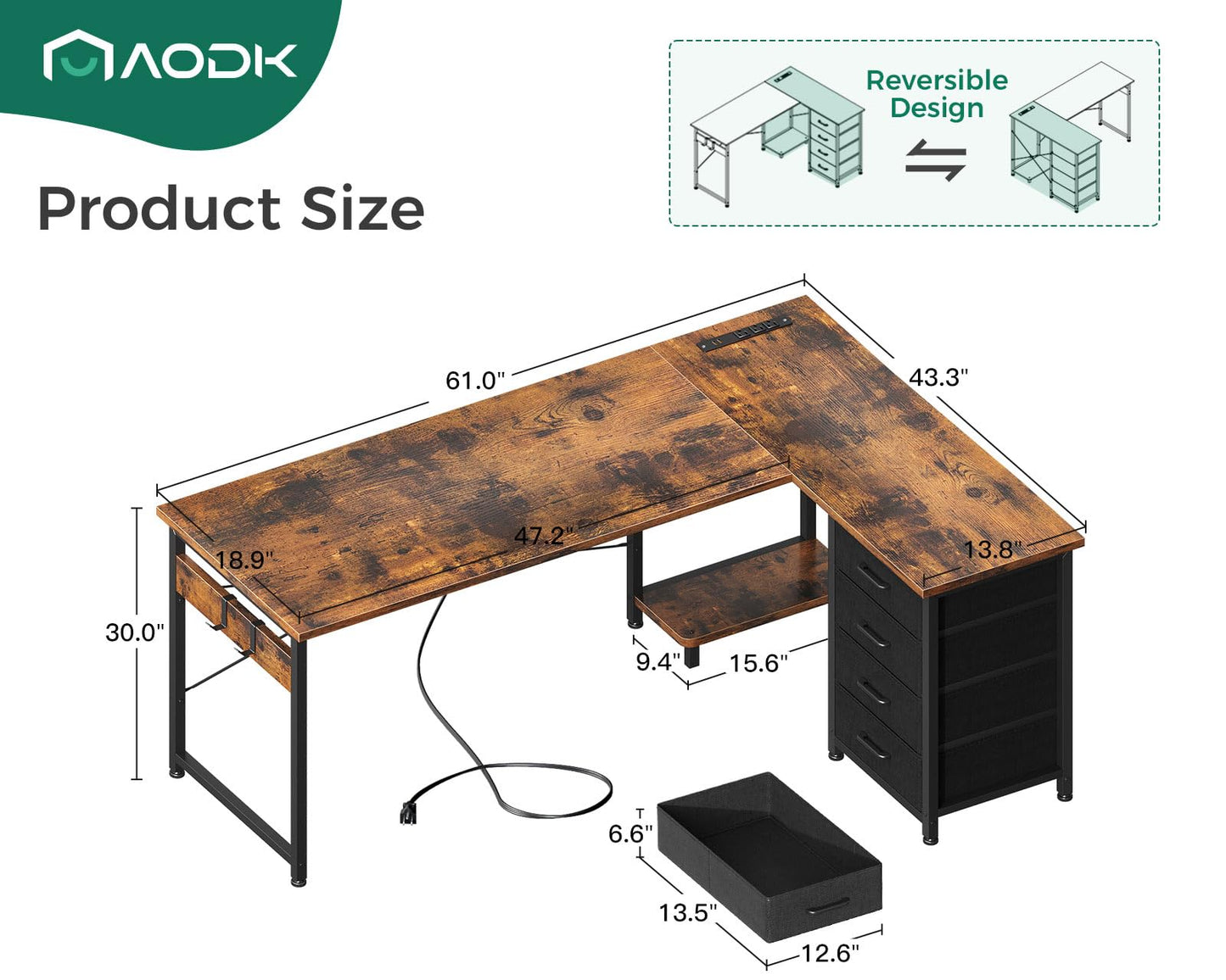 AODK L Shaped Desk with 4 Tier Drawers, 61" Reversible Gaming Desk with Power Outlets, L Shaped Computer Table with USB Charging Port and Host Stand, Home Office Table, Easy to Assemble, Vintage